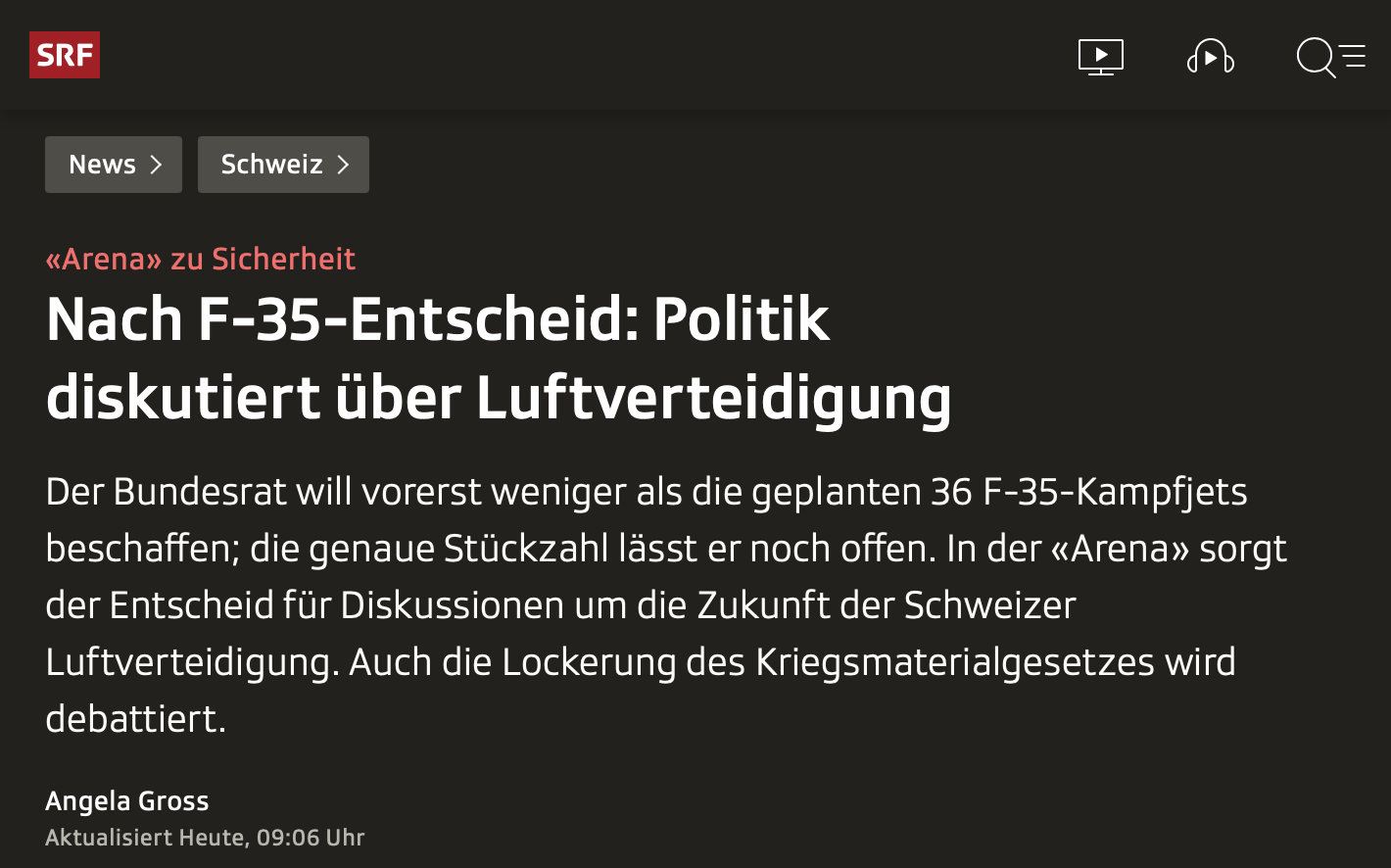 «Arena» zu Sicherheit - Nach F-35-Entscheid: Politik diskutiert über Luftverteidigung