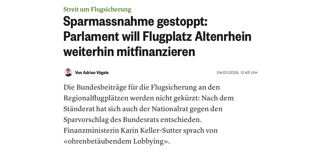 Sparübung gestoppt: Parlament will Flugplatz Altenrhein weiter mitfinanzieren